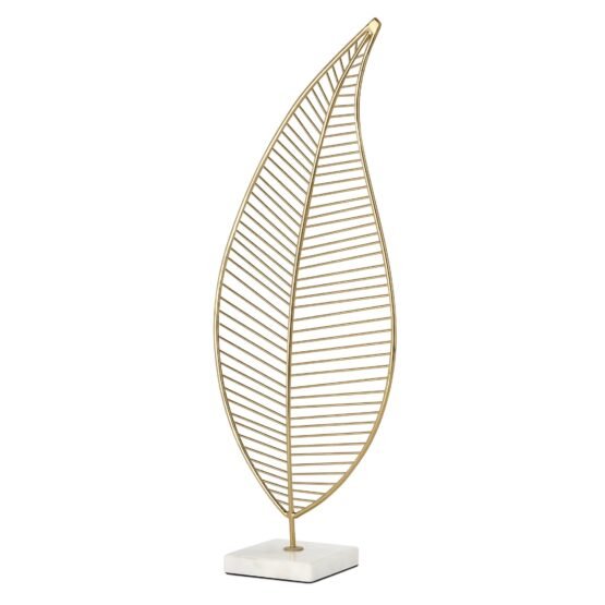 Wire Leaf 16 Inch Tall Decor Sculpture On White Marble Base - Gold