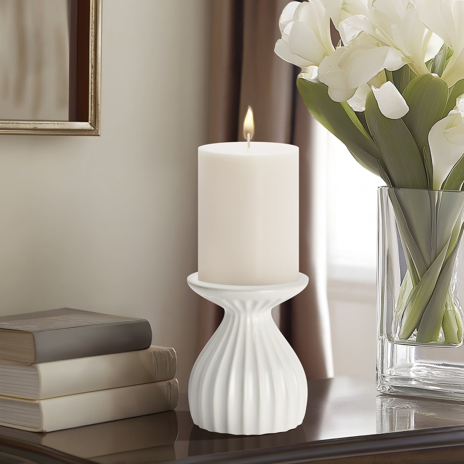 Ribbed Contour 5 Inch Tall Ceramic Dual Taper / Pillar Candle Holder - White - Image 5