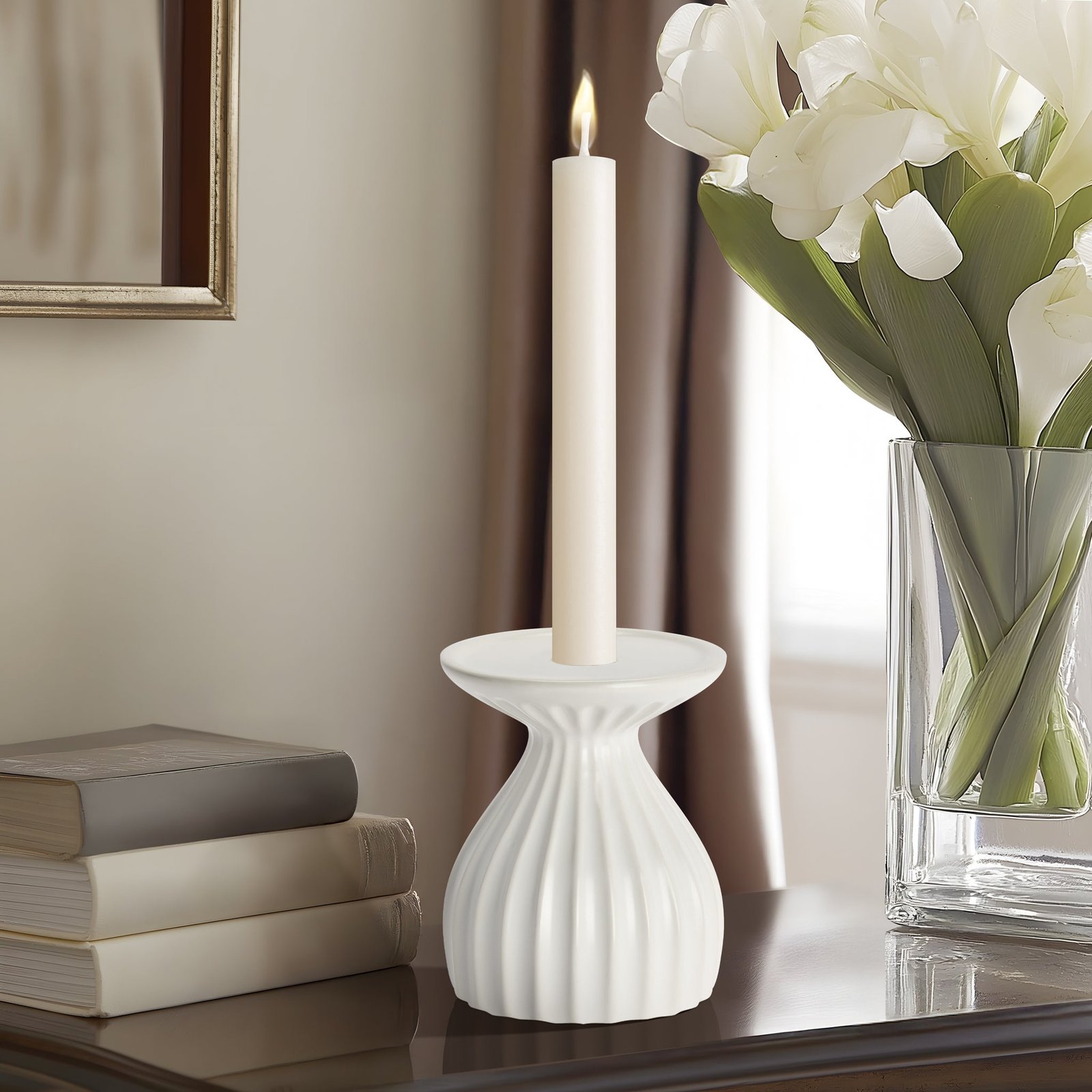 Ribbed Contour 5 Inch Tall Ceramic Dual Taper / Pillar Candle Holder - White - Image 4