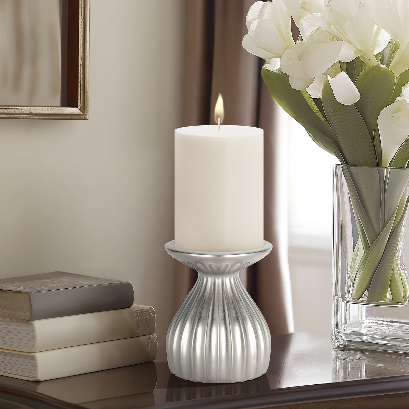 Ribbed Contour 5 Inch Tall Ceramic Dual Taper / Pillar Candle Holder - Silver - Image 5