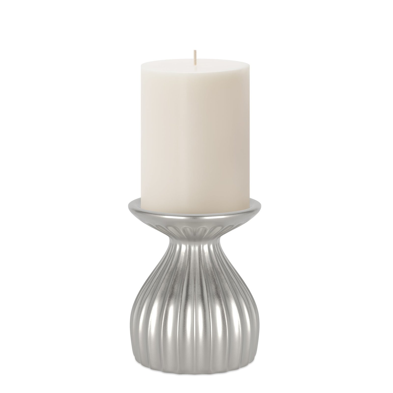 Ribbed Contour 5 Inch Tall Ceramic Dual Taper / Pillar Candle Holder - Silver - Image 6