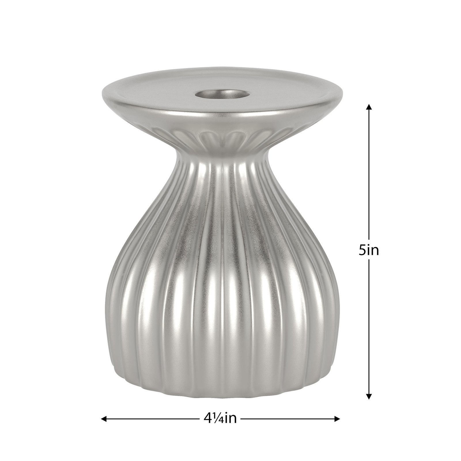 Ribbed Contour 5 Inch Tall Ceramic Dual Taper / Pillar Candle Holder - Silver - Image 3