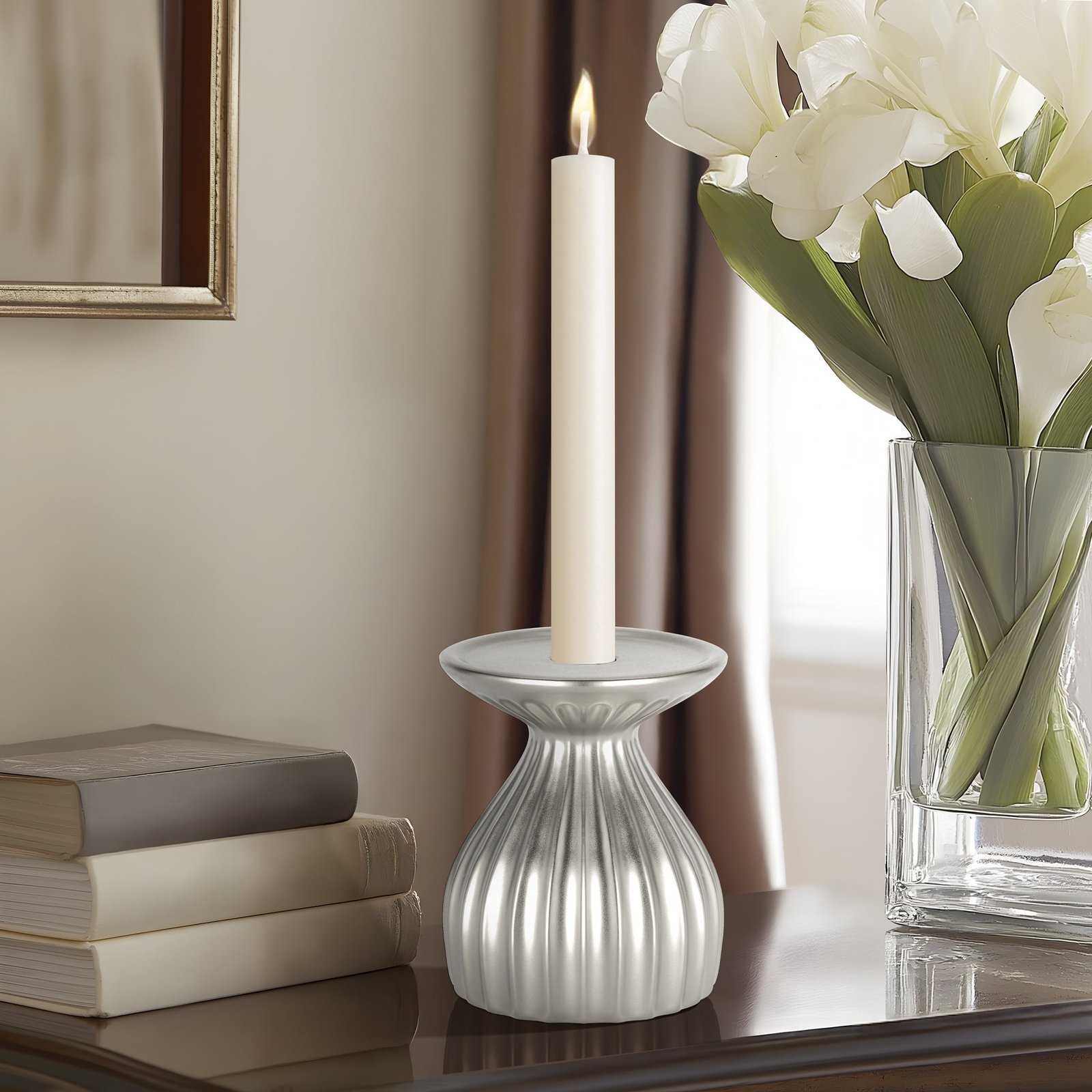 Ribbed Contour 5 Inch Tall Ceramic Dual Taper / Pillar Candle Holder - Silver - Image 4