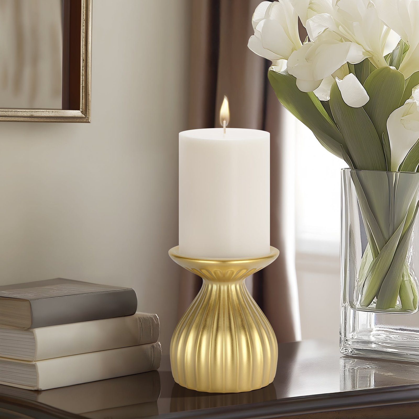 Ribbed Contour 5 Inch Tall Ceramic Dual Taper / Pillar Candle Holder - Gold - Image 5