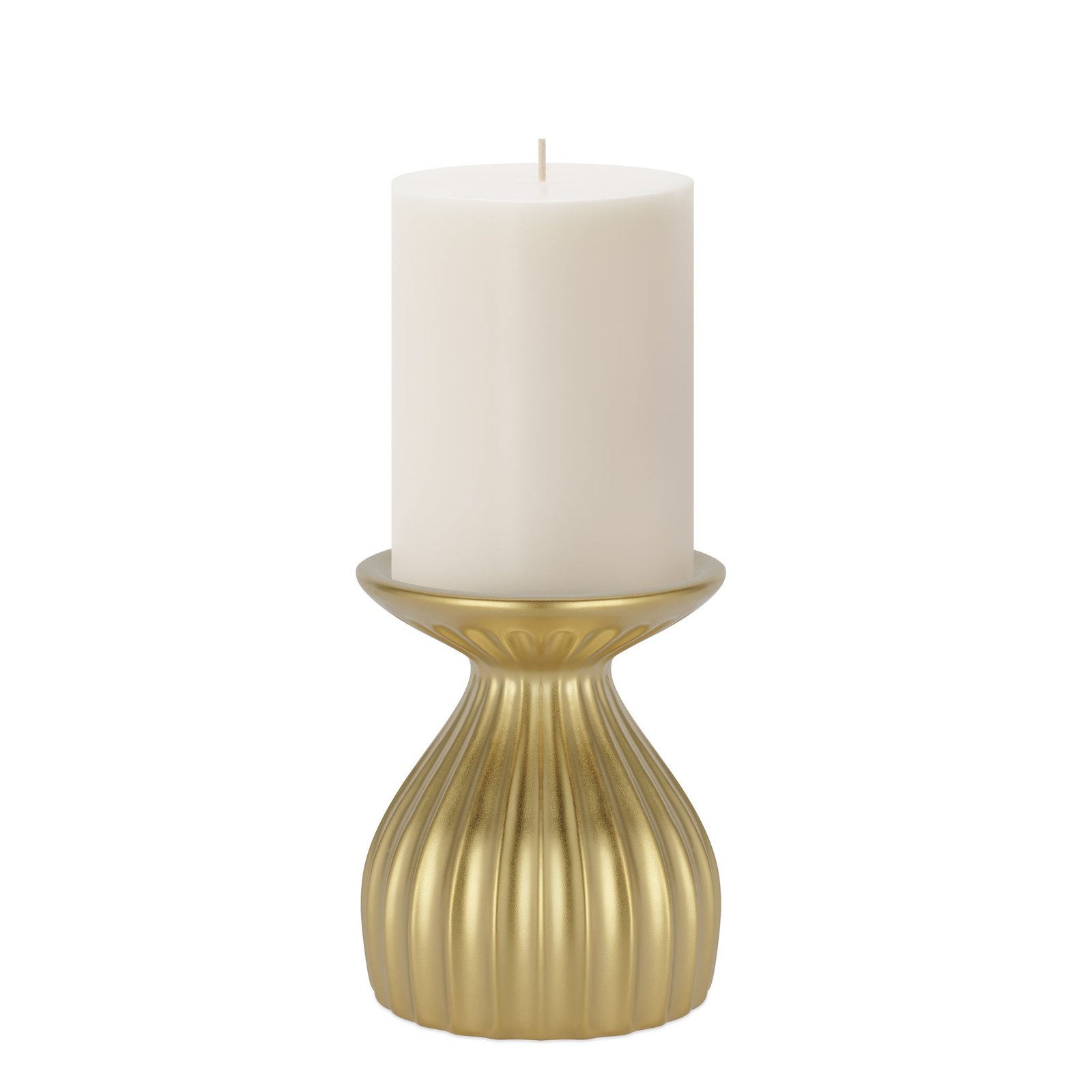 Ribbed Contour 5 Inch Tall Ceramic Dual Taper / Pillar Candle Holder - Gold - Image 6