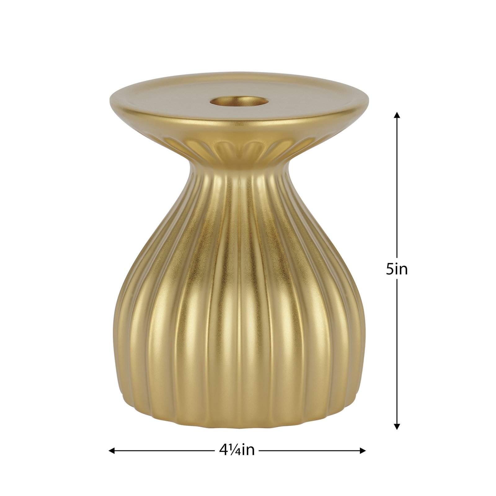 Ribbed Contour 5 Inch Tall Ceramic Dual Taper / Pillar Candle Holder - Gold - Image 3