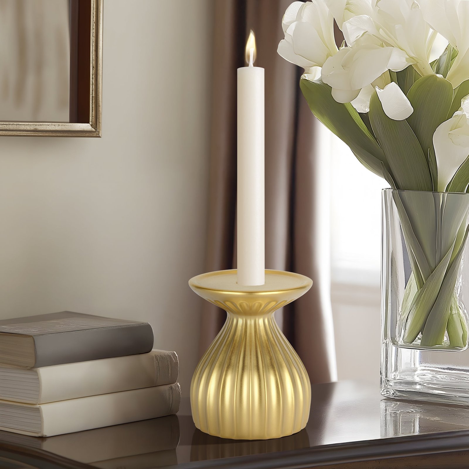 Ribbed Contour 5 Inch Tall Ceramic Dual Taper / Pillar Candle Holder - Gold - Image 4