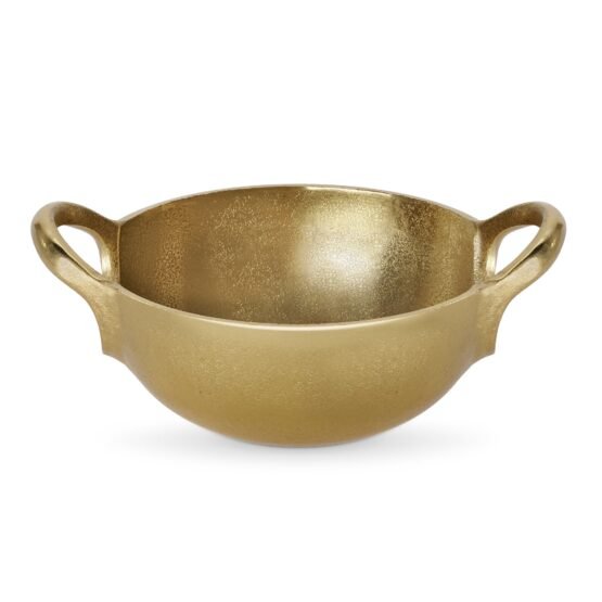 Corfu 7.5 Inch Length Gold Nickel Plated Aluminum Round Decor Bowl With Handles