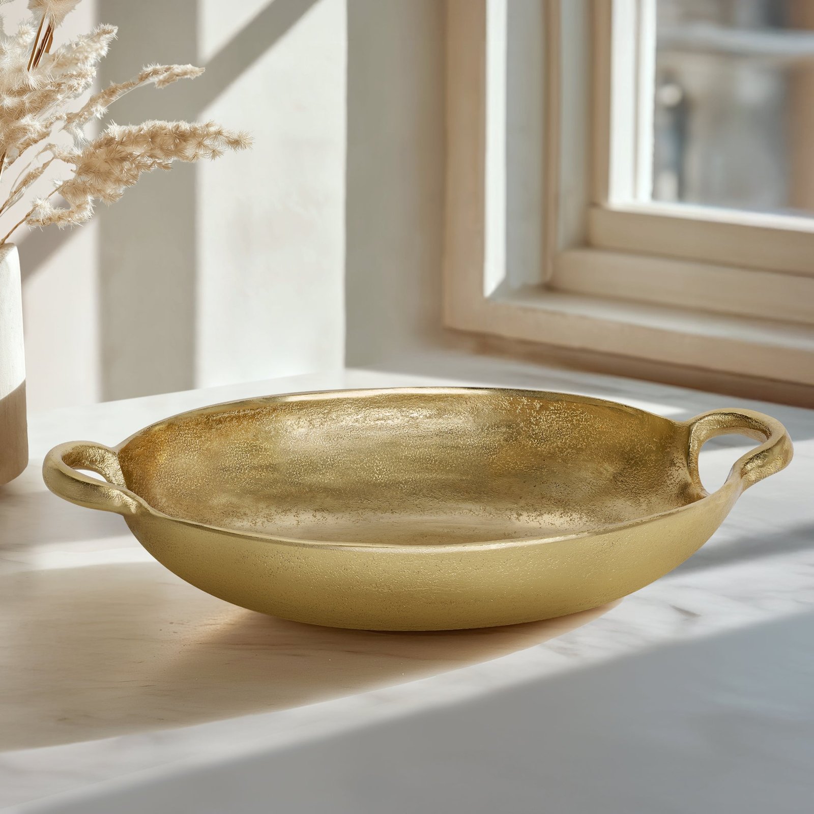 Corfu 15.5 Inch Length Gold Nickel Plated Aluminum Oval Decor Bowl With Handles - Image 6
