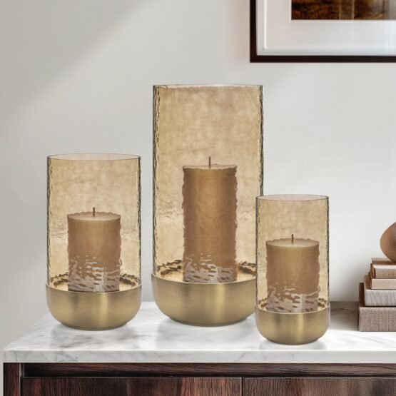 Waterfall Lustre Glass 13 Inch Tall Hurricane with Brushed Gold Metal Base - Image 4