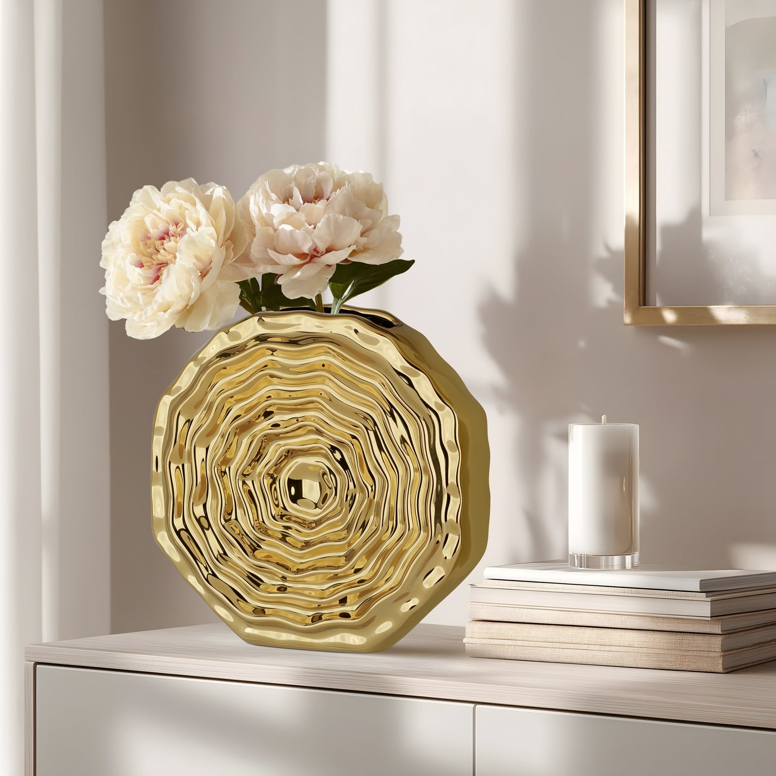 Rosette Bloom 8 Inch Tall Gold Ceramic Disc Vase - Image 6