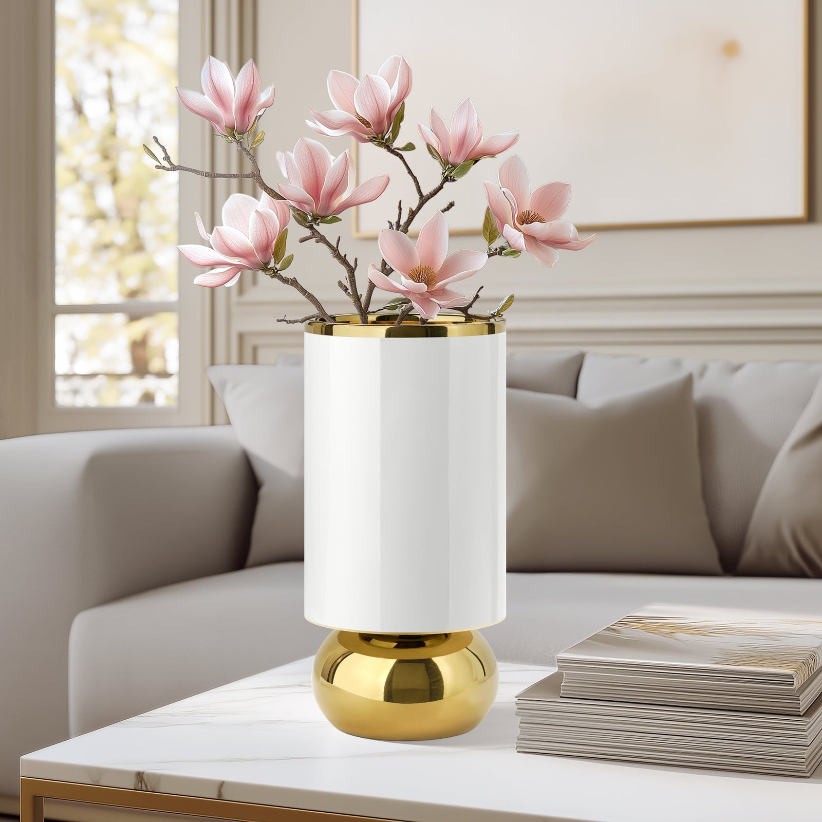 Talia Gold Trim Cylinder Bulb 10 Inch Tall Ceramic Vase - Image 4