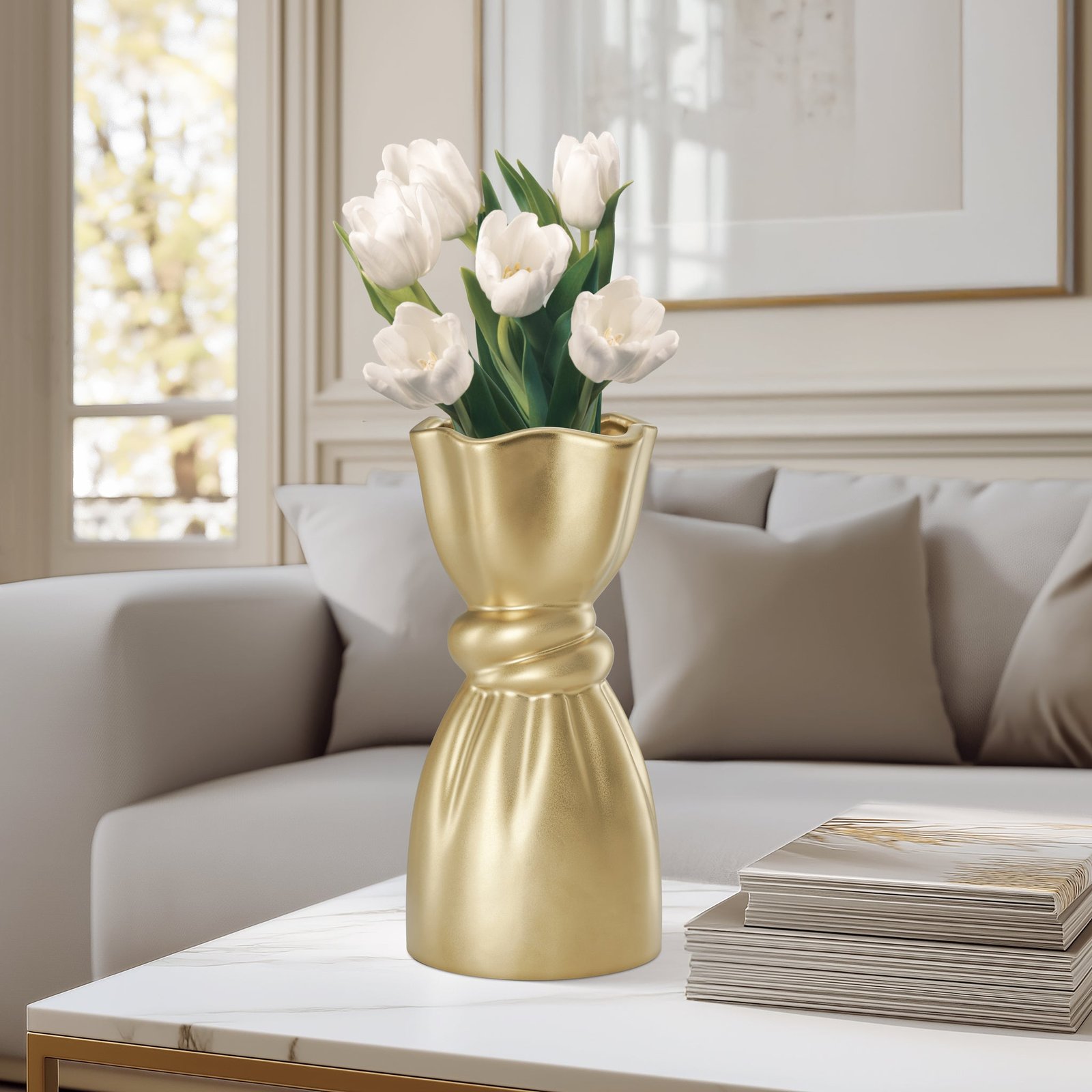 Cinched Knot 10 Inch Tall Matte Gold Ceramic Vase - Image 4