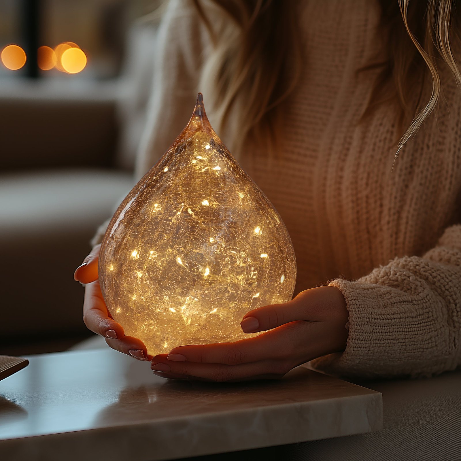 Teardrop Crackle Glass 6 Inch LED Decor Light with Timer - Amber - Image 6