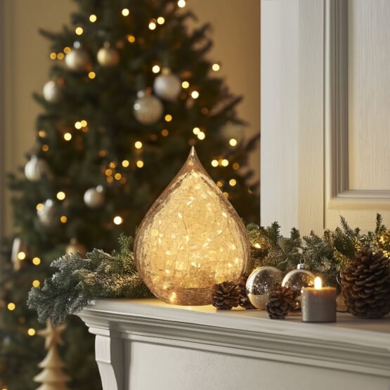 Teardrop Crackle Glass 6 Inch LED Decor Light with Timer - Amber - Image 2