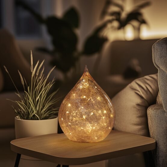 Teardrop Crackle Glass 6 Inch LED Decor Light with Timer - Amber - Image 3