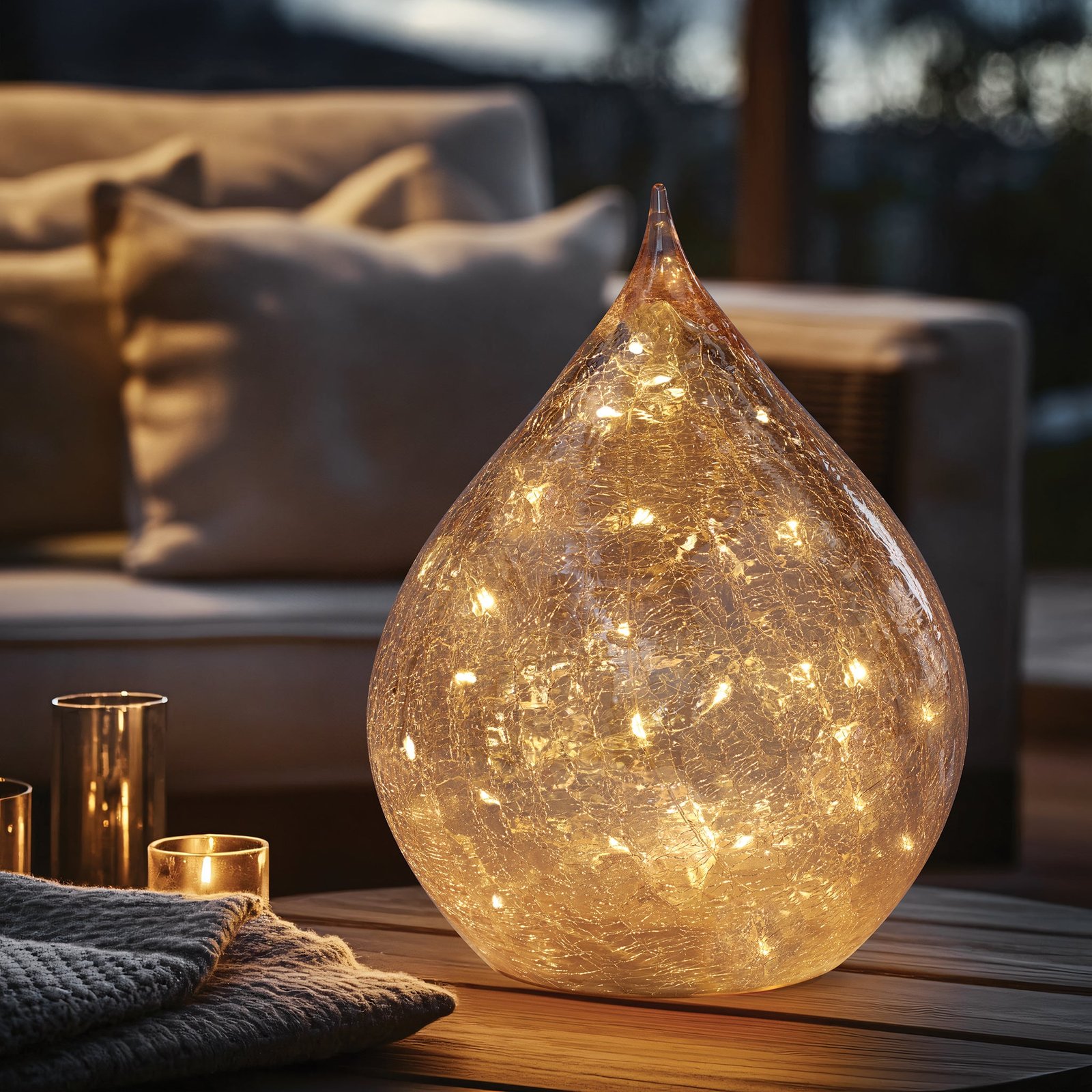 Teardrop Crackle Glass 6 Inch LED Decor Light with Timer - Amber - Image 5