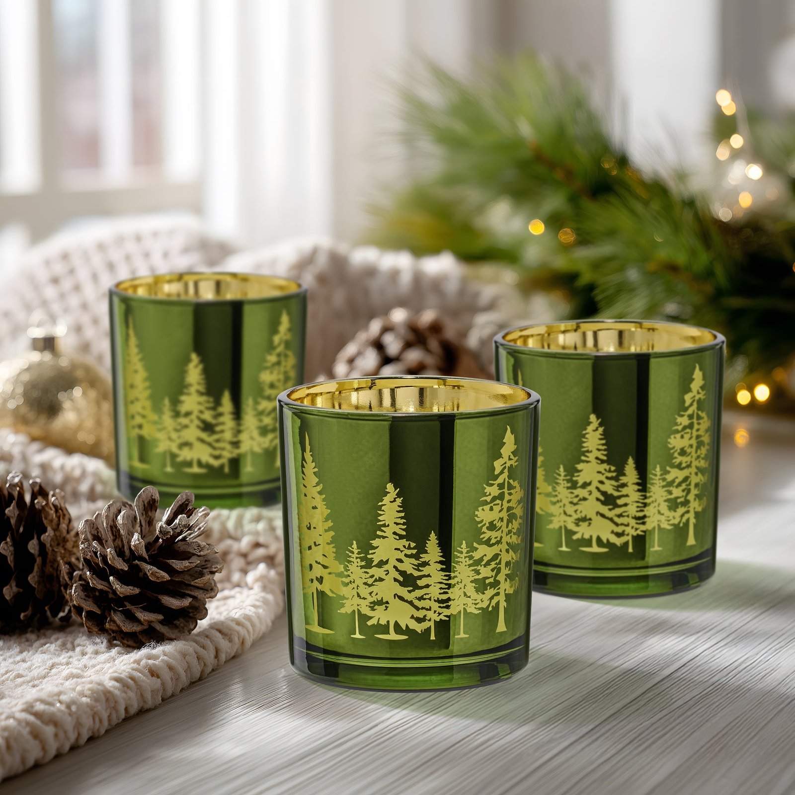 Pine Ridge Silhouette Green with Gold Mirror 3 Piece 3x3 Inch Glass Hurricane Vase Gift Set - Image 5