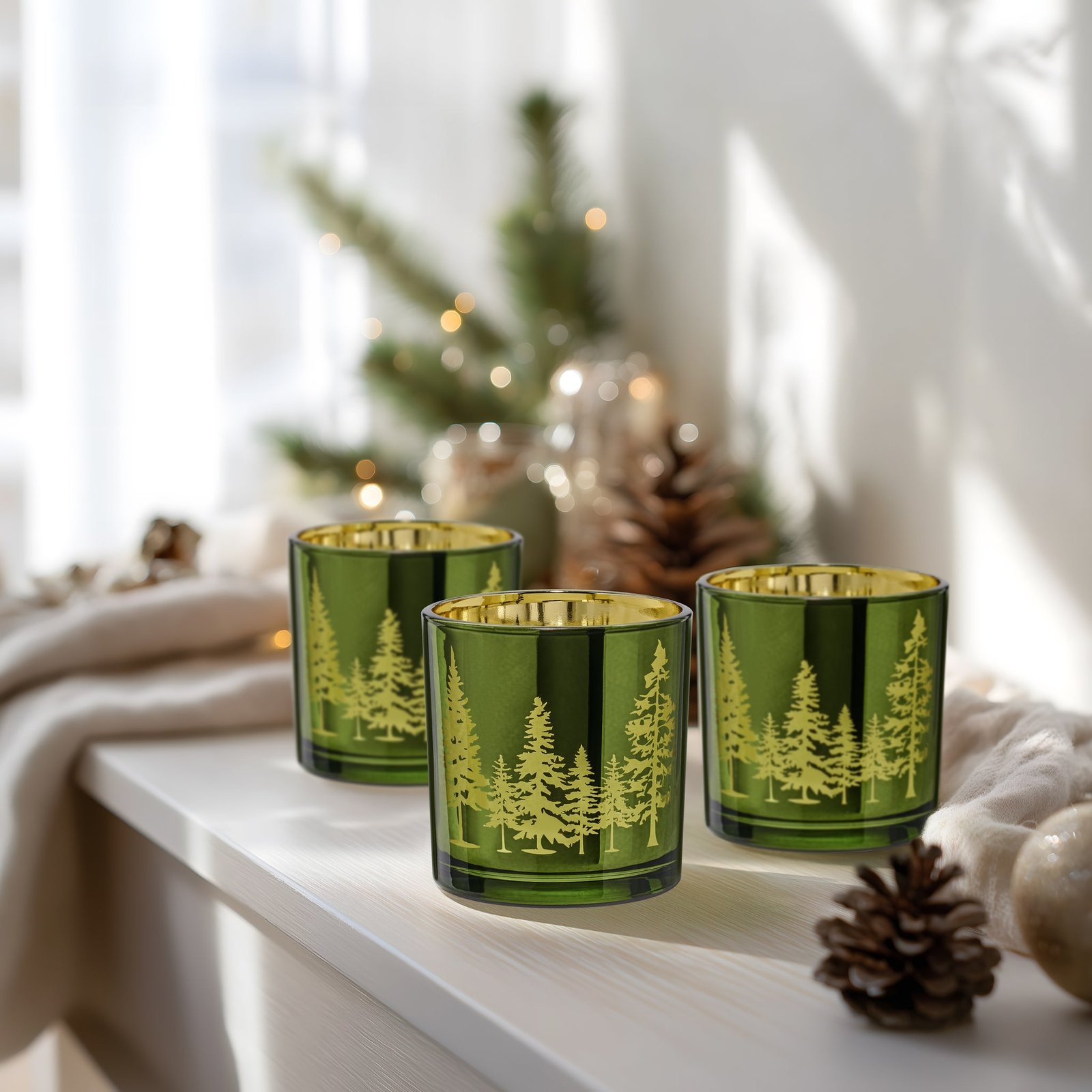 Pine Ridge Silhouette Green with Gold Mirror 3 Piece 3x3 Inch Glass Hurricane Vase Gift Set - Image 4