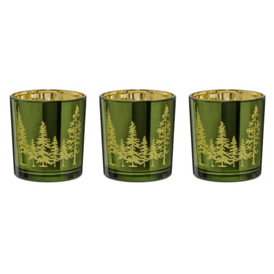 Pine Ridge Silhouette Green with Gold Mirror 3 Piece 3x3 Inch Glass Hurricane Vase Gift Set