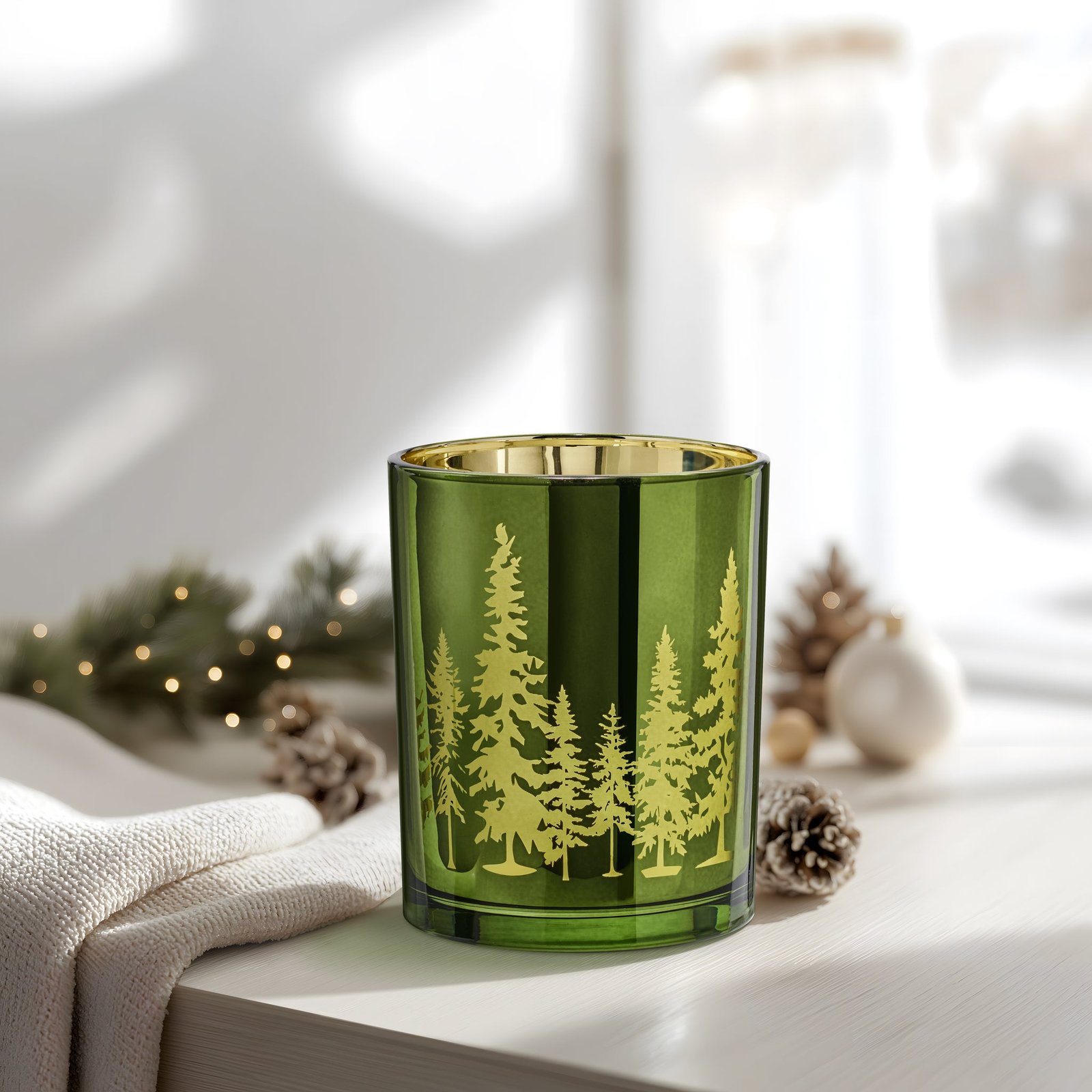 Pine Ridge Silhouette Green with Gold Mirror 4x5 Inch Glass Hurricane Vase - Image 4