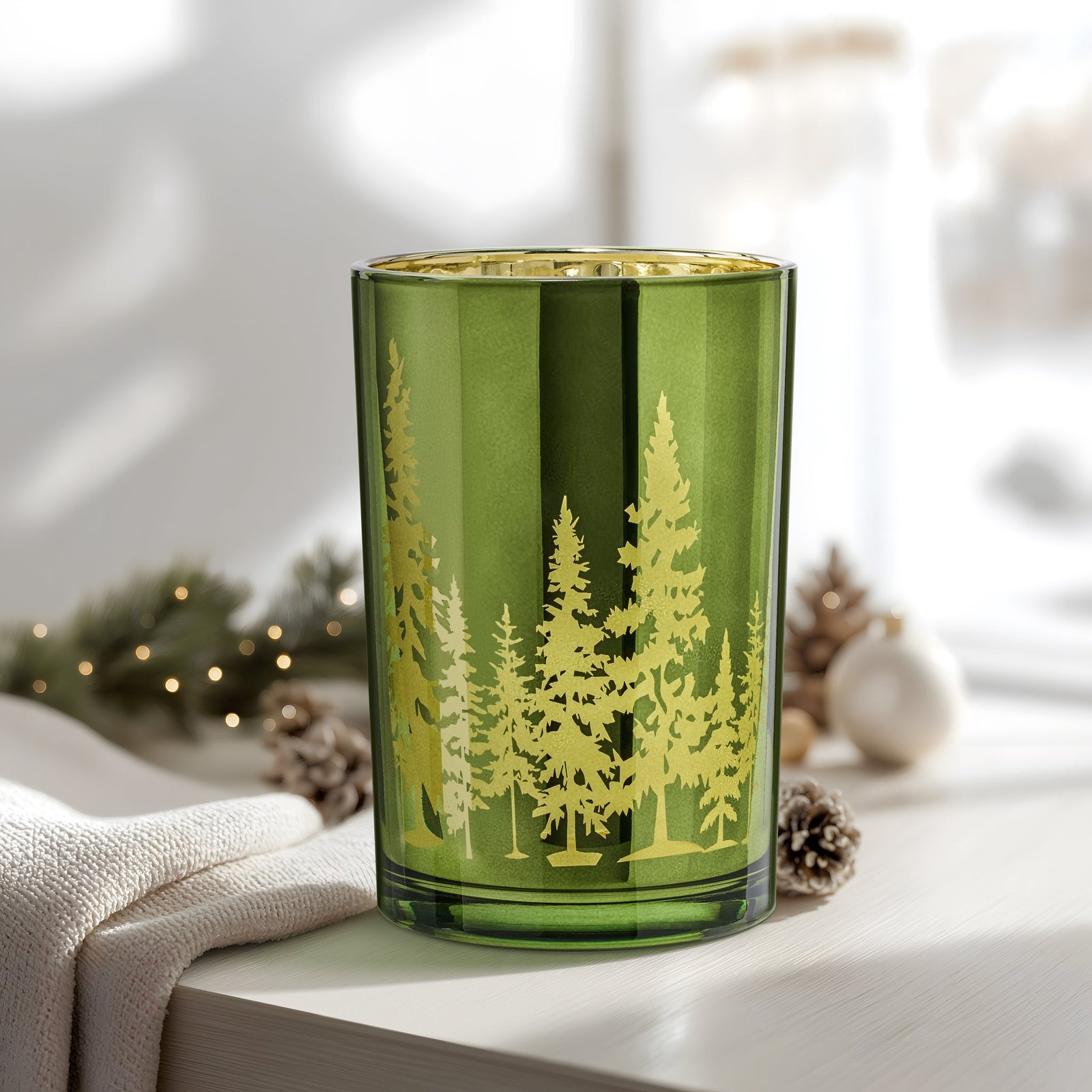 Pine Ridge Silhouette Green with Gold Mirror 4.5x7 Inch Glass Hurricane Vase - Image 4