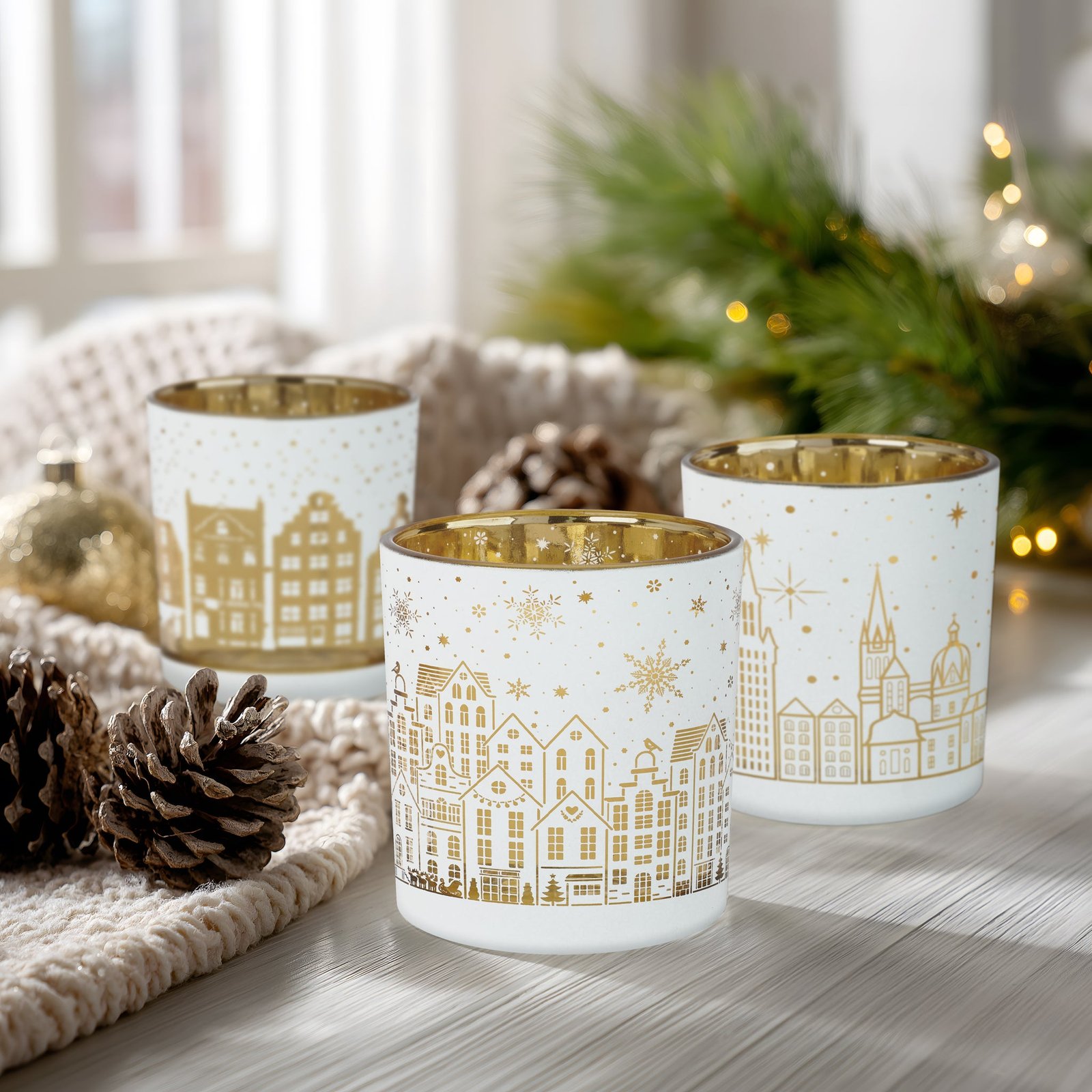 City Scene 3x3 Inch White Glass 3 Piece Hurricane Vase Set - Image 6