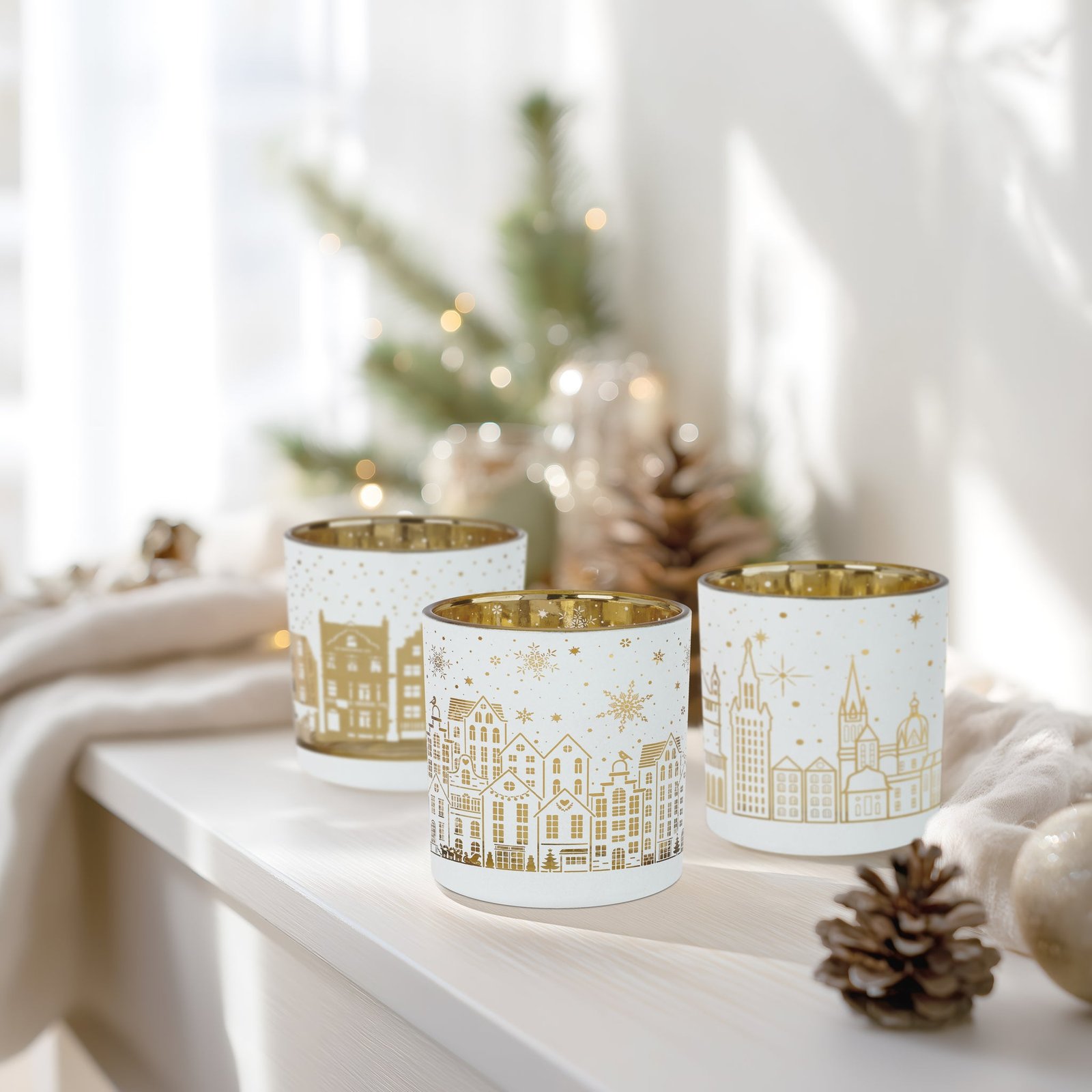 City Scene 3x3 Inch White Glass 3 Piece Hurricane Vase Set - Image 5