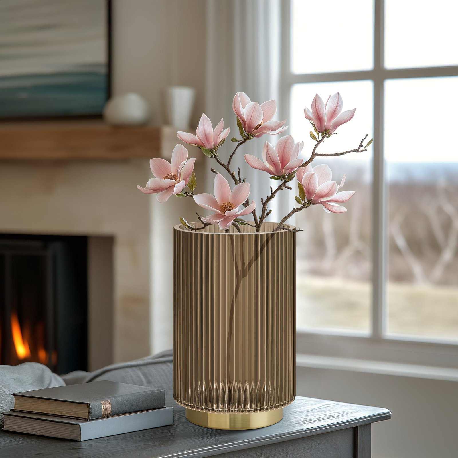 Adele Gold Base Brown Glass 7.5 Inch Tall Cylinder Vase - Image 6