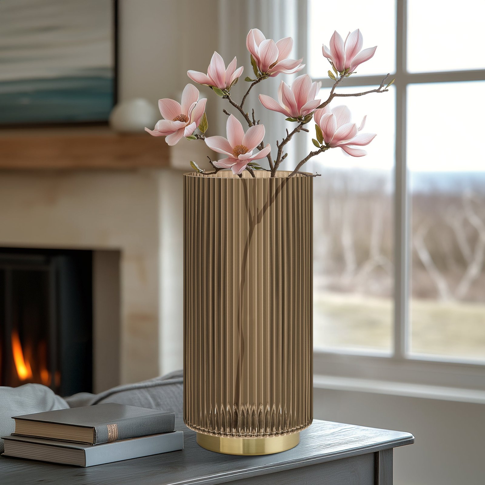 Adele Gold Base Brown Glass 10 Inch Tall Cylinder Vase - Image 6