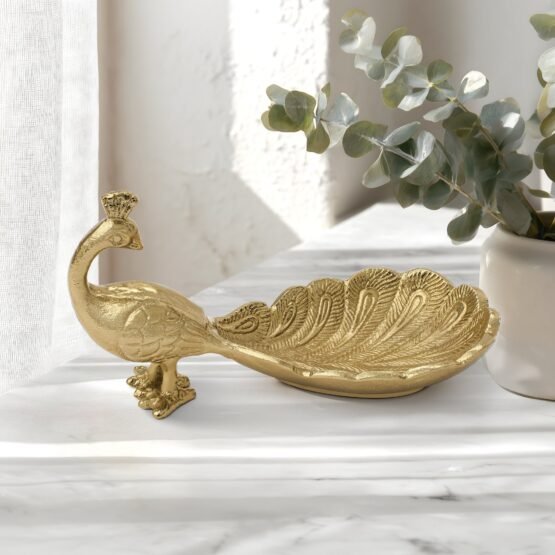 Standing Peacock Gold Nickel Plated Aluminum 9.5 Inch Length Decor Dish - Image 6