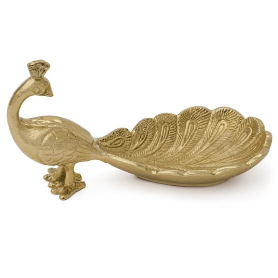 Standing Peacock Gold Nickel Plated Aluminum 9.5 Inch Length Decor Dish