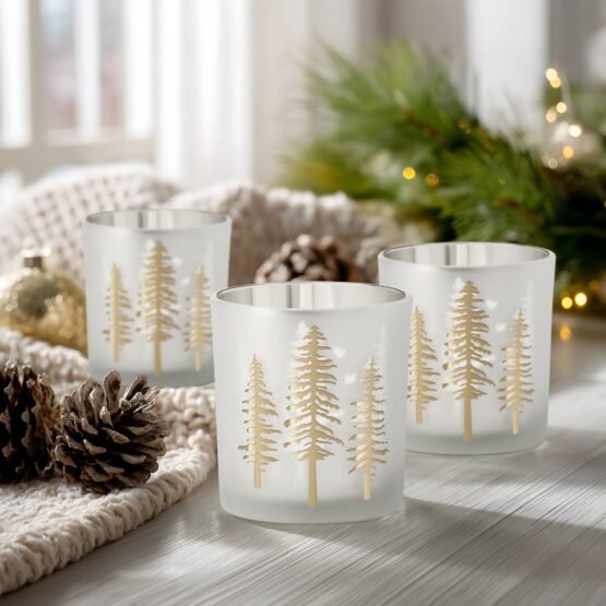 Woodland Pine Etched Mirror 3x3 Inch Glass 3 Piece Hurricane Vase Set - Image 6