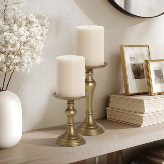 Chapel Antique Brass Nickel Plated Aluminum 7 Inch Tall Pillar Candle Holder - Image 4