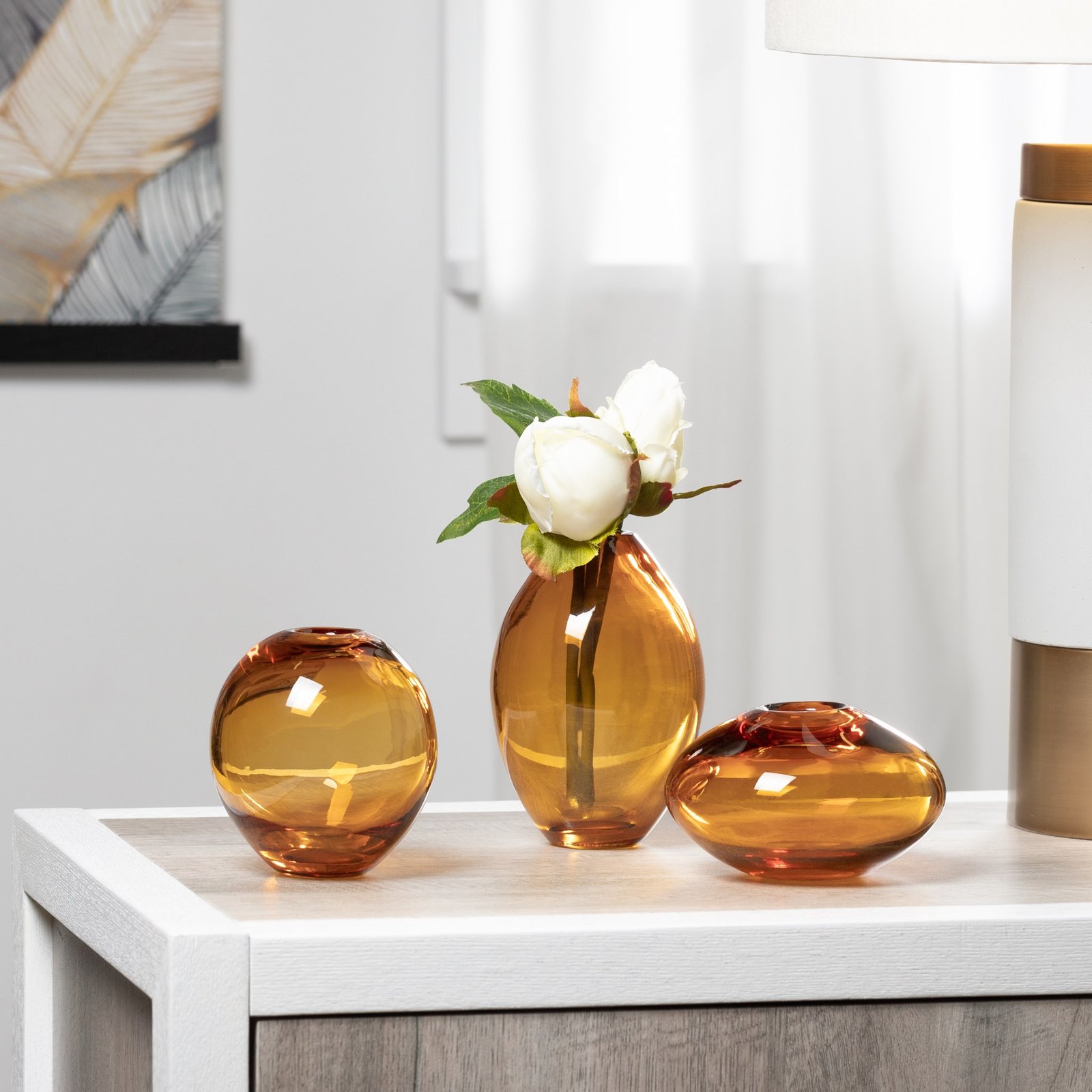 Mini Lustre Assorted 3 Piece Amber Glass Vase Set