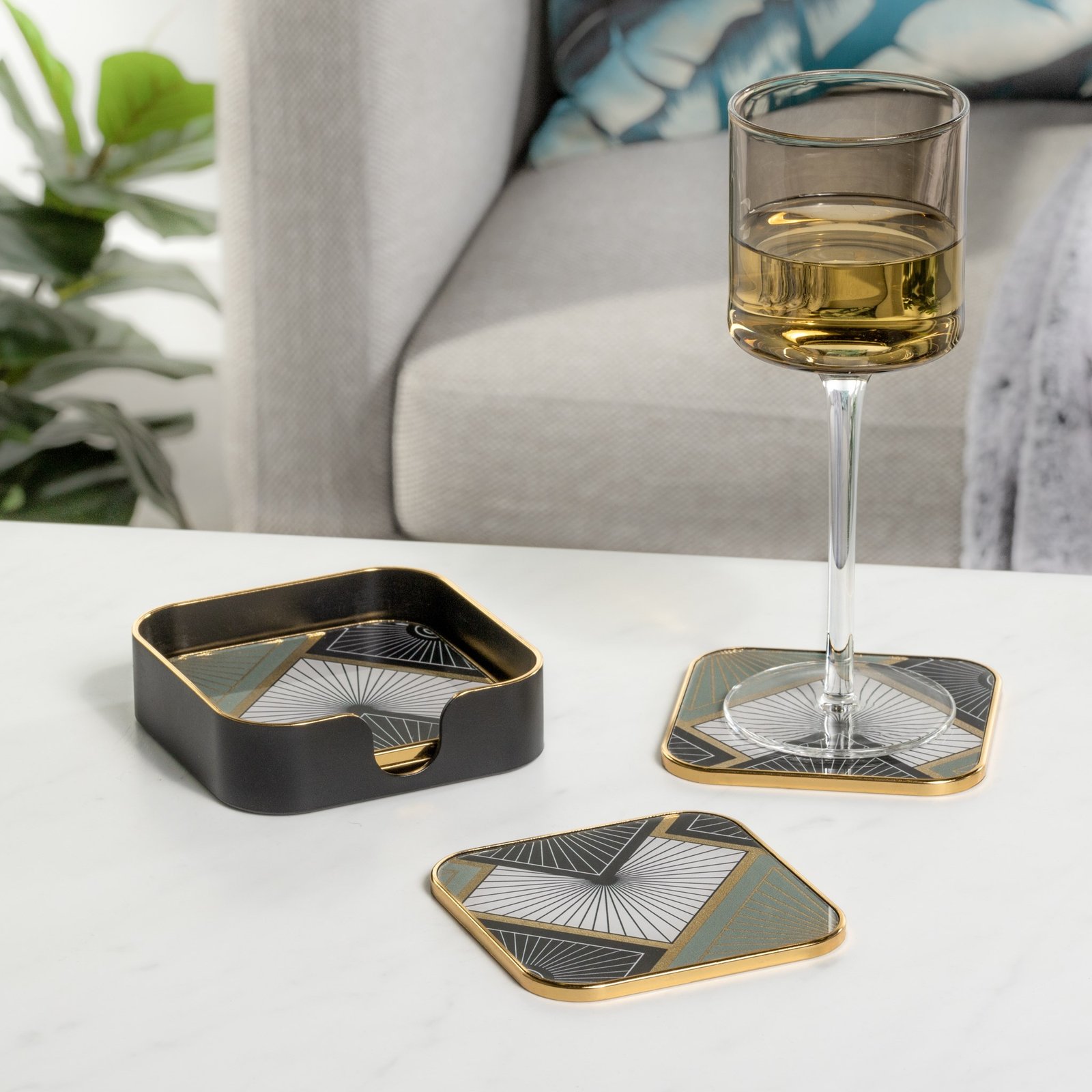 Savoy Gold Trim 4 Piece Square Coaster Set - Radiant Tile