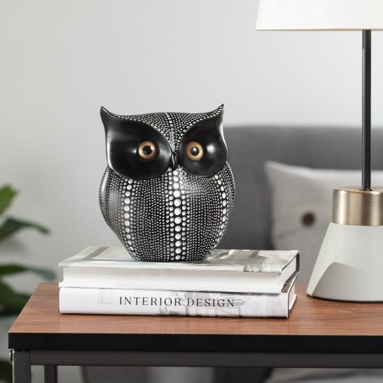 Debossed Dotted Horned Owl Resin Sculpture - Black