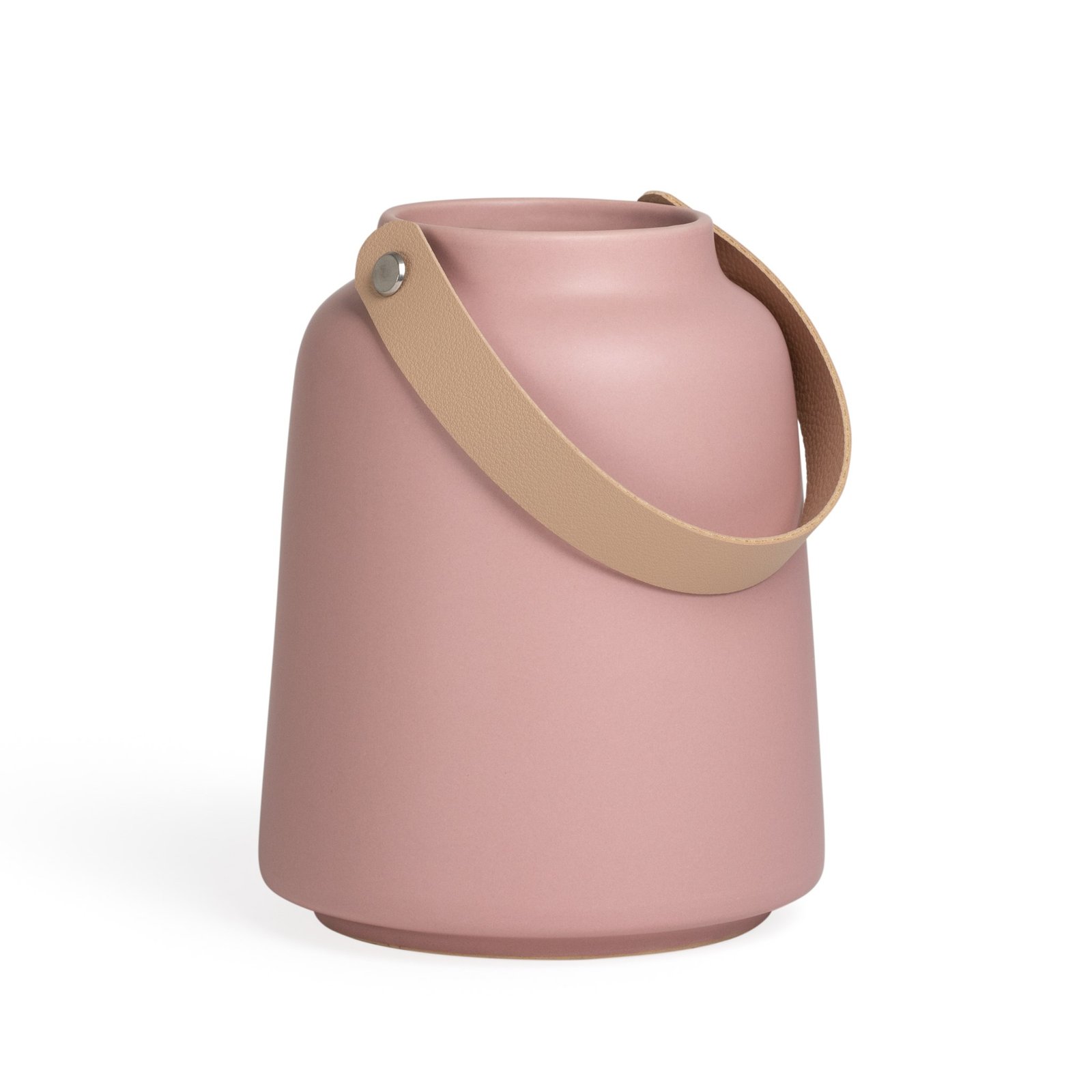 Lido Matte Pink Ceramic 6h" Tapered Vase with Faux Leather Handle