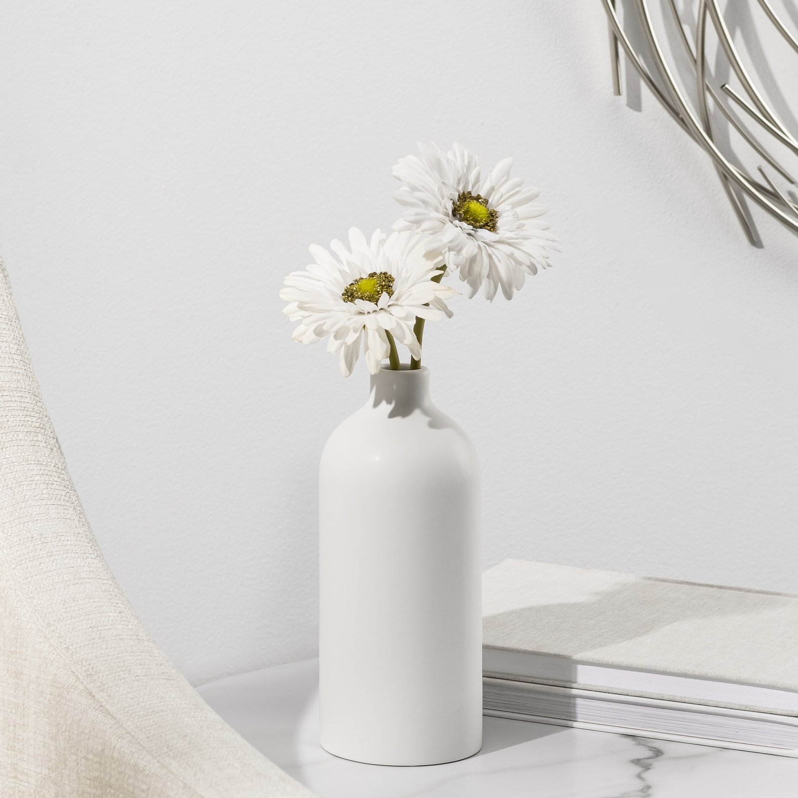 Komi 8 Inch Tall Ceramic Bottle Vase - White