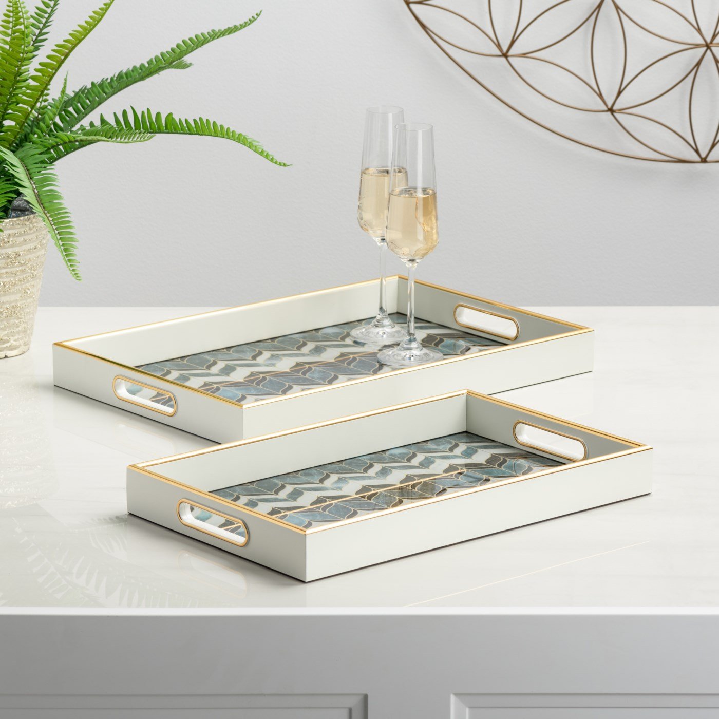 Savoy Gold Trim 2 Piece Rectangle Tray Set - Blue Wave - Image 4