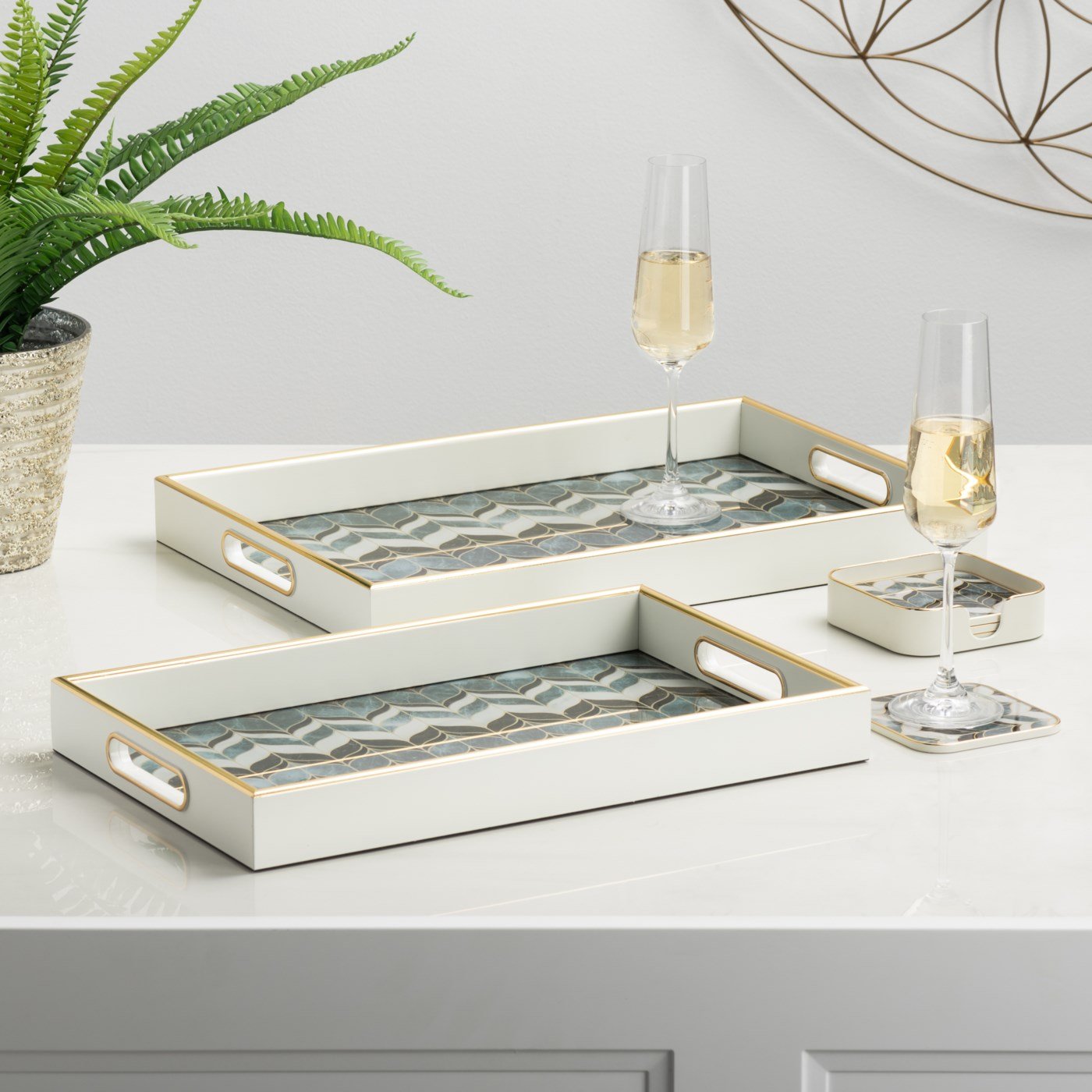 Savoy Gold Trim 2 Piece Rectangle Tray Set - Blue Wave - Image 3