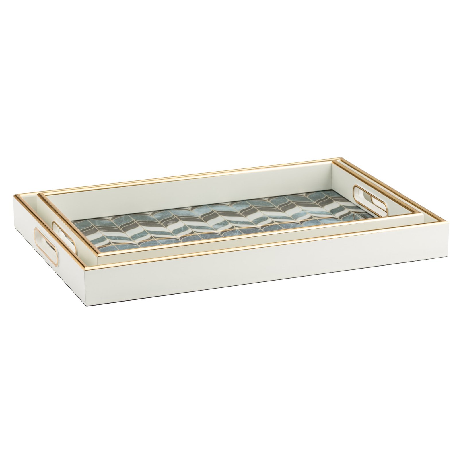 Savoy Gold Trim 2 Piece Rectangle Tray Set - Blue Wave