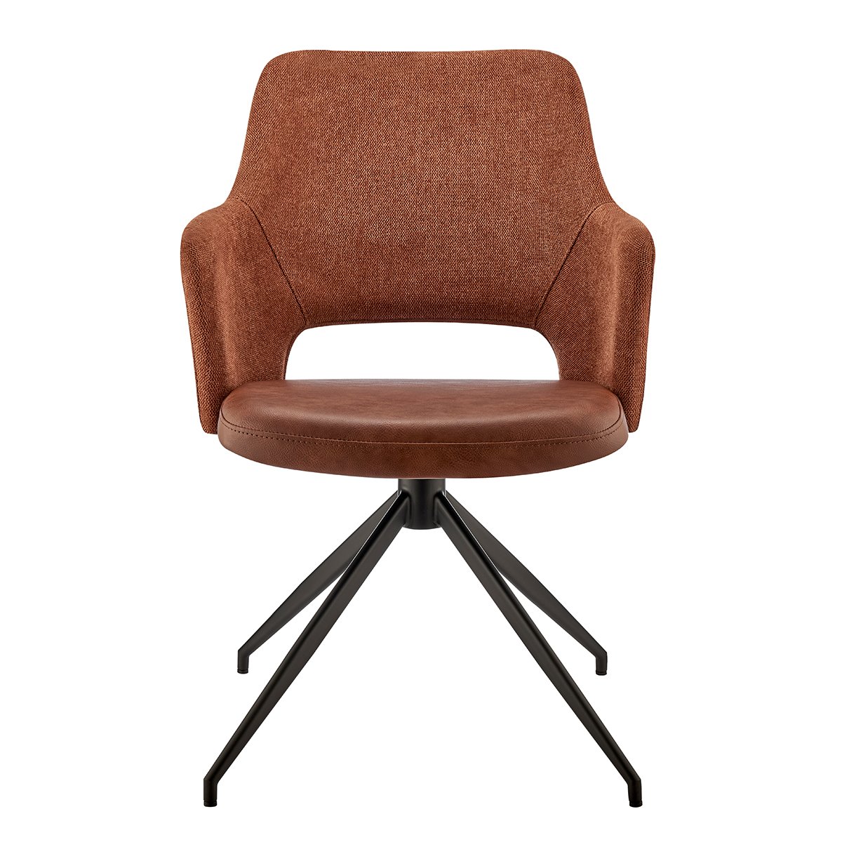 Darcie Armchair in Dark Brown Leatherette Orange Fabric and Black Base