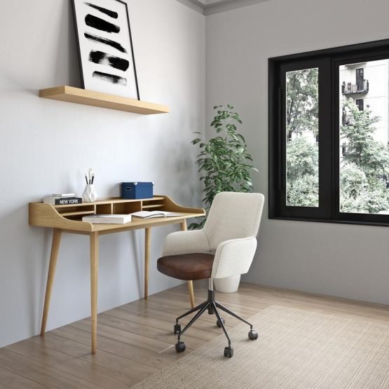 Desi Office Chair in Ivory Fabric and Brown Leatherette with Black Base - Image 9