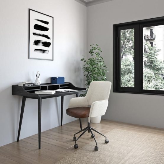 Desi Office Chair in Ivory Fabric and Brown Leatherette with Black Base - Image 10