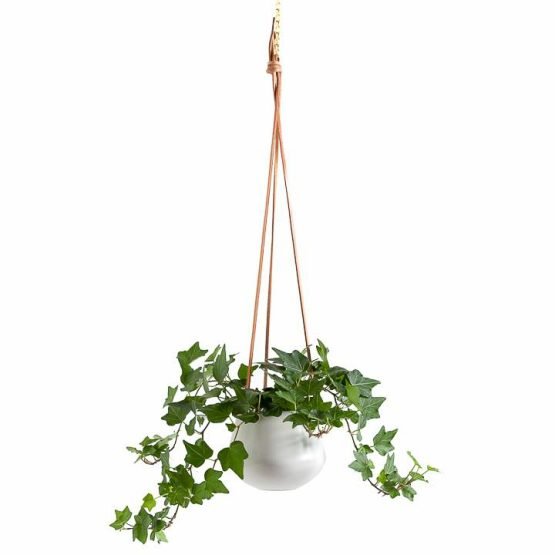 Ashbury Leather Hanging 5 Inch Diameter White Ceramic Drop Pot Planter