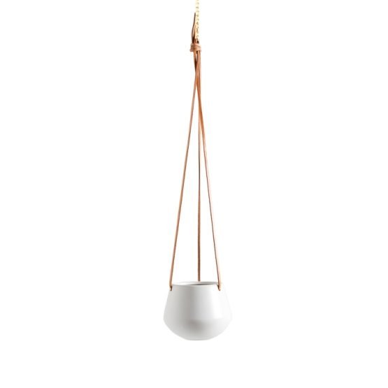 Ashbury Leather Hanging 5 Inch Diameter White Ceramic Drop Pot Planter - Image 2