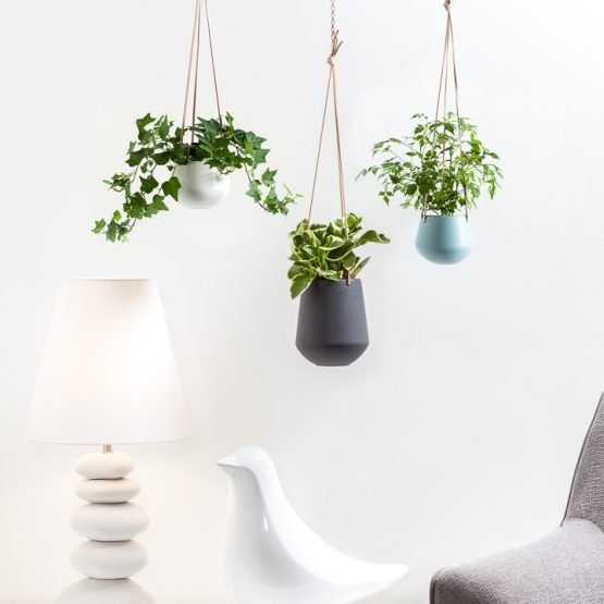 Ashbury Leather Hanging 5 Inch Diameter White Ceramic Drop Pot Planter - Image 3