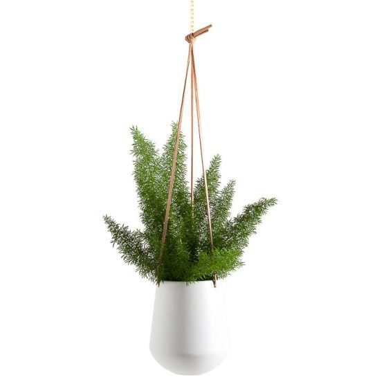 Ashbury Leather Hanging 5.75 Inch Diameter White Ceramic Drop Pot Planter