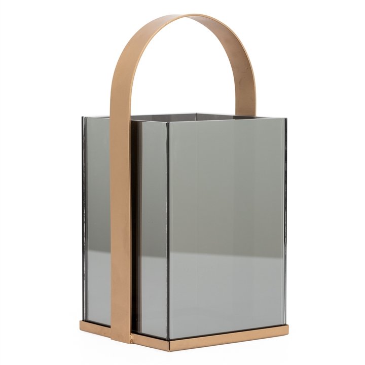 Smoke Mirror Glass 11.75h" Gold Handle Vase Lantern